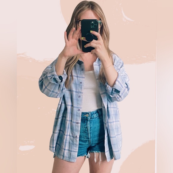 Denim&Co Lavender Plaid Button Down - Picture 2 of 4